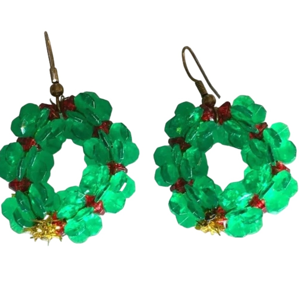 Vintage Christmas Bright Green Wreath Earrings, Red & Gold Ornaments, Handmade